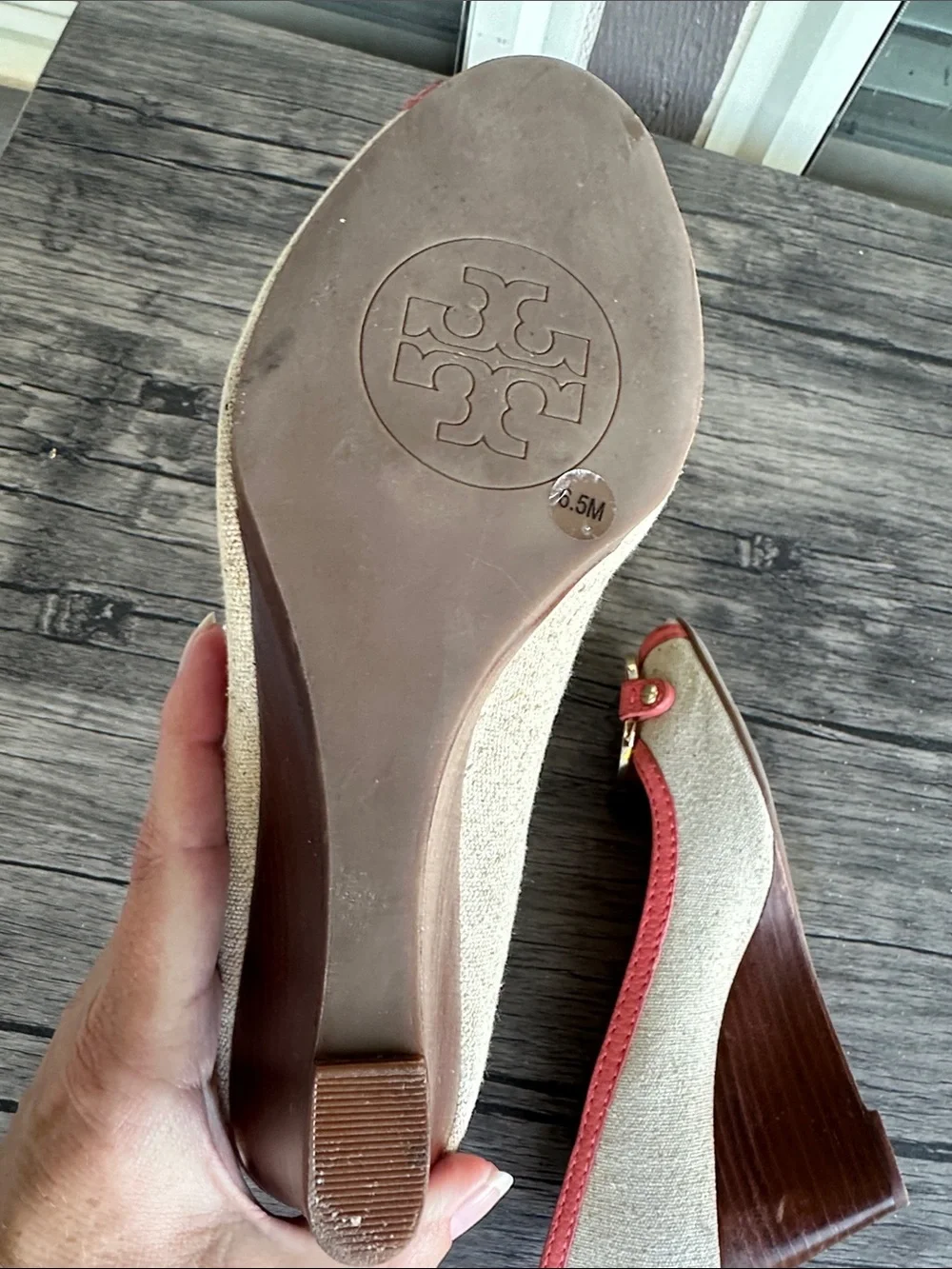 Tory Burch Coral-Trim Peep-Toe Wedges with Gold Logo
